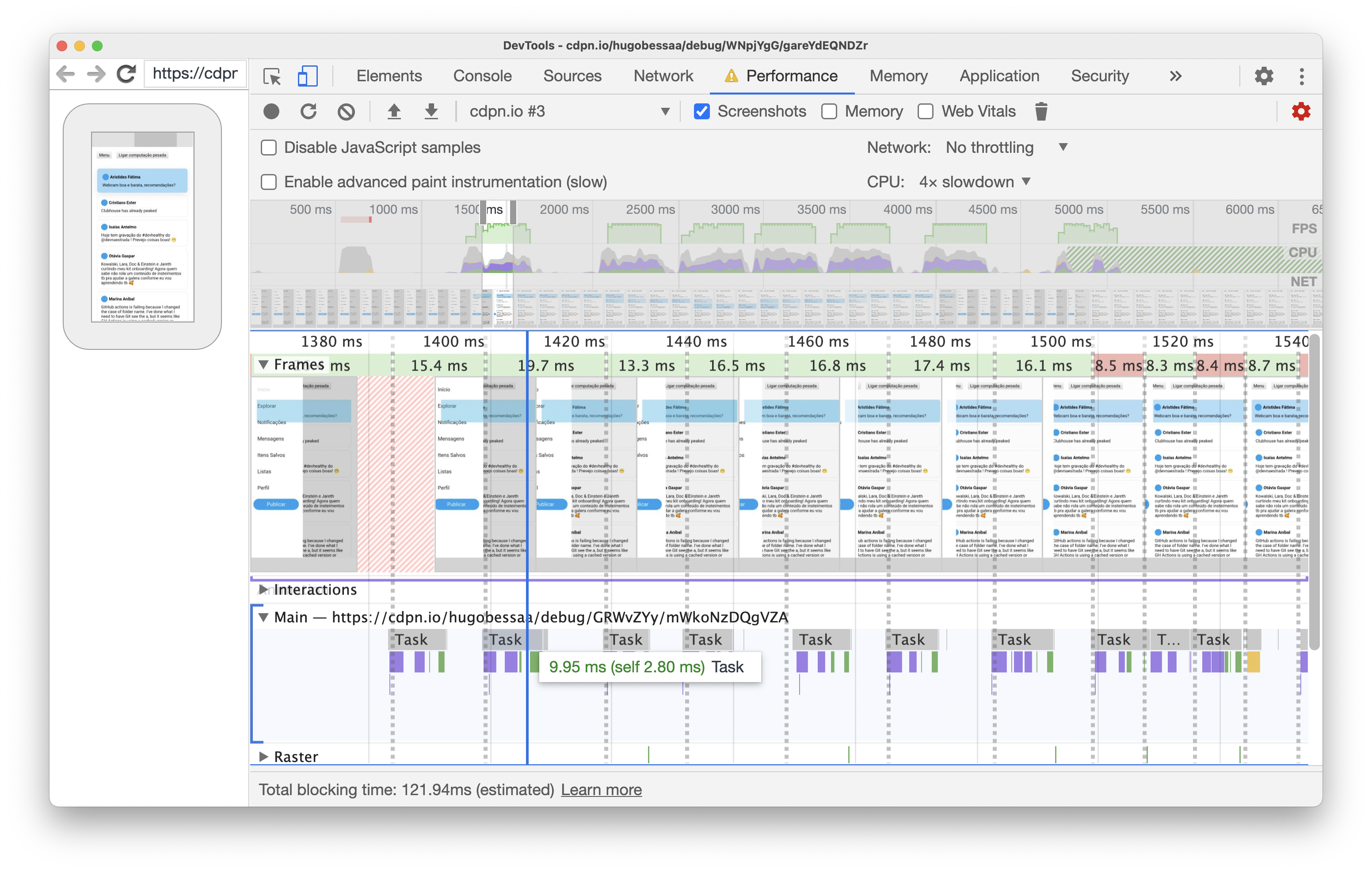Captura de Tela (screenshot) da aba de Performance do Chrome Developer Tools (Ferramentas do Desenvolvedor) em um computador macOS